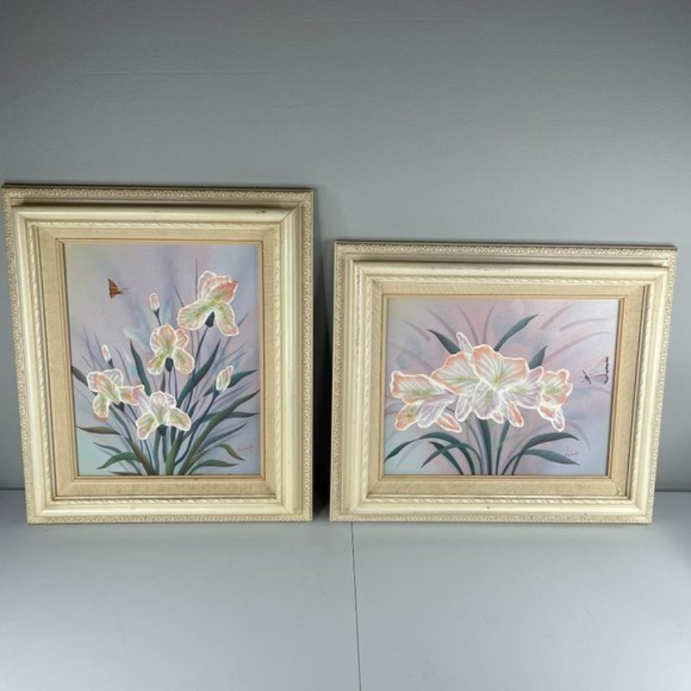 2 Vintage Oil Paintings Pastel Flower‎ Iris Butterfly Framed Signed King 12x14